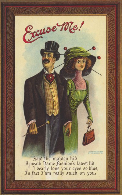 Carte postale satirisant la mode et les dangers des grands chapeaux et des longues épingles à cheveux - American School